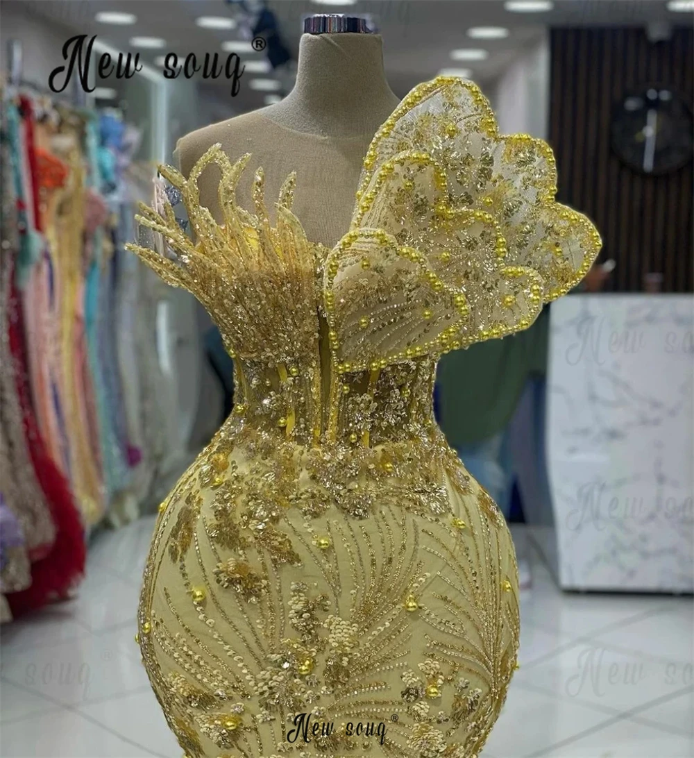 Pearls Yellow Sequins Party Dress Aso Ebi Women Mermaid Prom Dresses Elegant Robes Invitée Mariage Bridesmaid Dress Custom Made