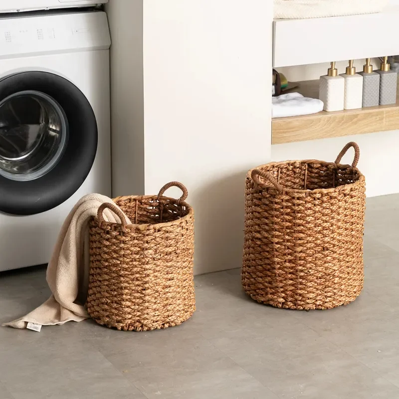 Handmade Straw Gourd Laundry Basket with Lining for Bathroom Dirty Clothes Storage Household Toy Sundries Organizer Bin