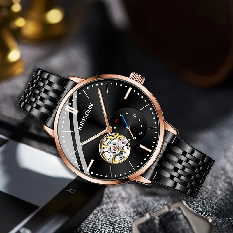 Hollow-Flywheel Fashion Steel-Band Watch – Luminous, Waterproof, Automatic Mechanical Men’s Timepiece