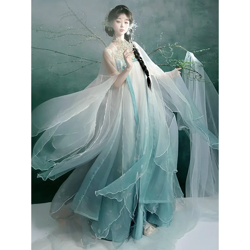 

Китайская женская рубашка Hanfu в стиле Тан с большими рукавами, юбка-лепесток, юбка Hezi на груди, сказочный стиль, весна-лето
