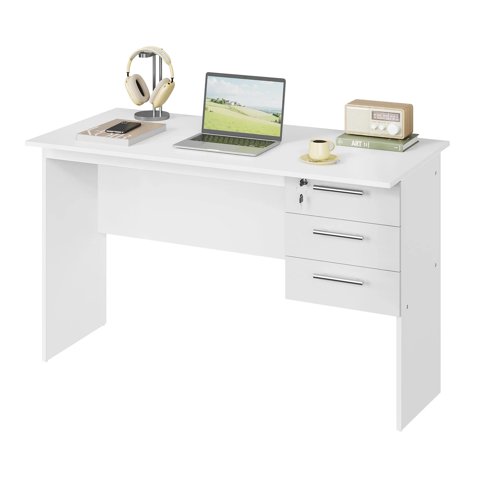 Scrivania per computer WOLTU con 3 cassetti e serratura, tavolo per PC e laptop, scrivania da ufficio, tavolo da lavoro bianco per camera da letto o soggiorno, dimensioni 120x60x75 cm.