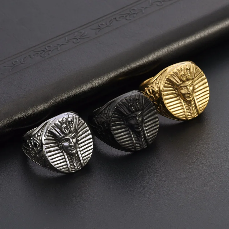 

Men's 316L stainless-steel rings Egyptian pharaoh skull RING for teens gothic punk Horned Jewelry Gift