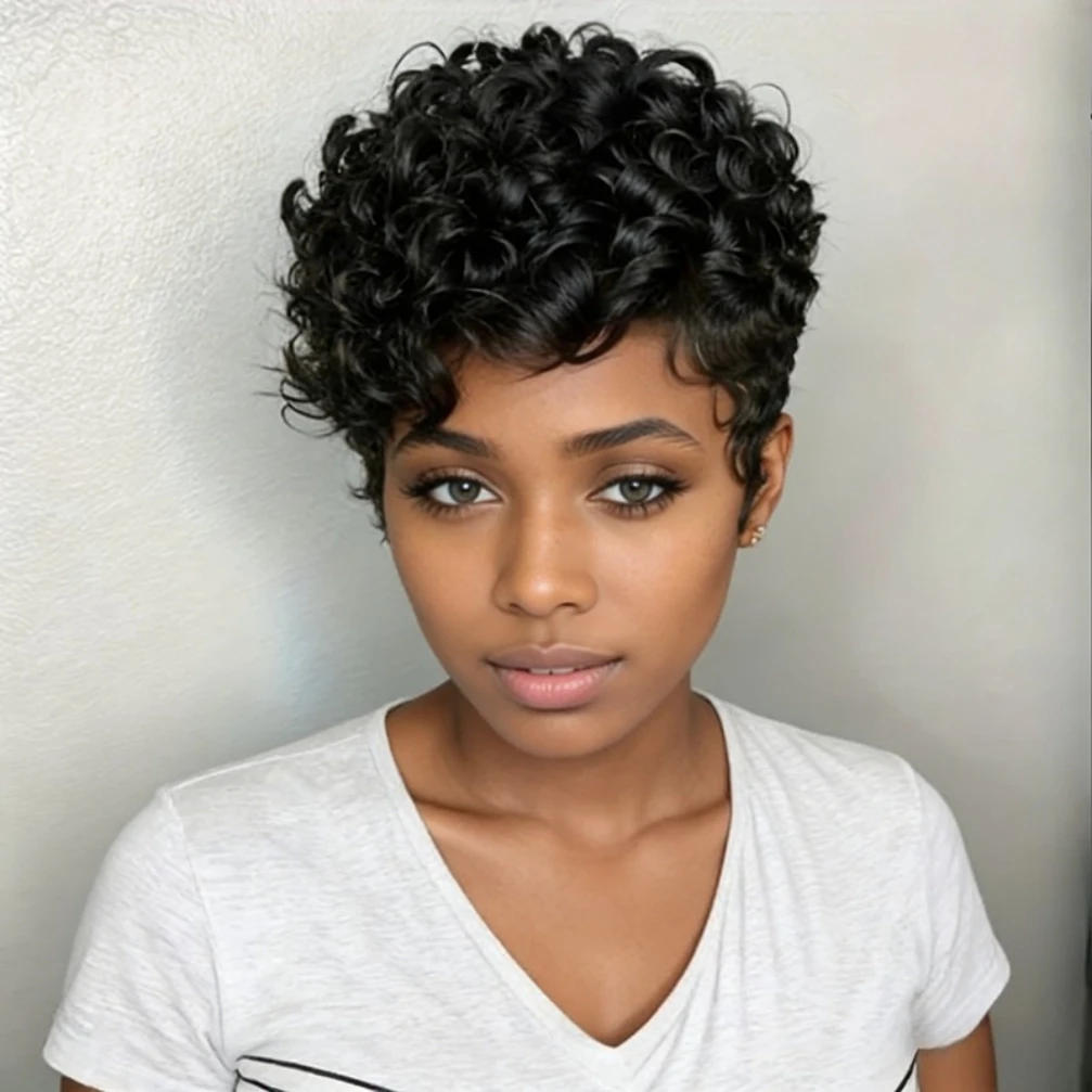 

Короткий парик из натуральных волос для женщин, 150% плотность, 6 дюймов, стрижка пикси, кудрявые волны, полностью машинной работы.