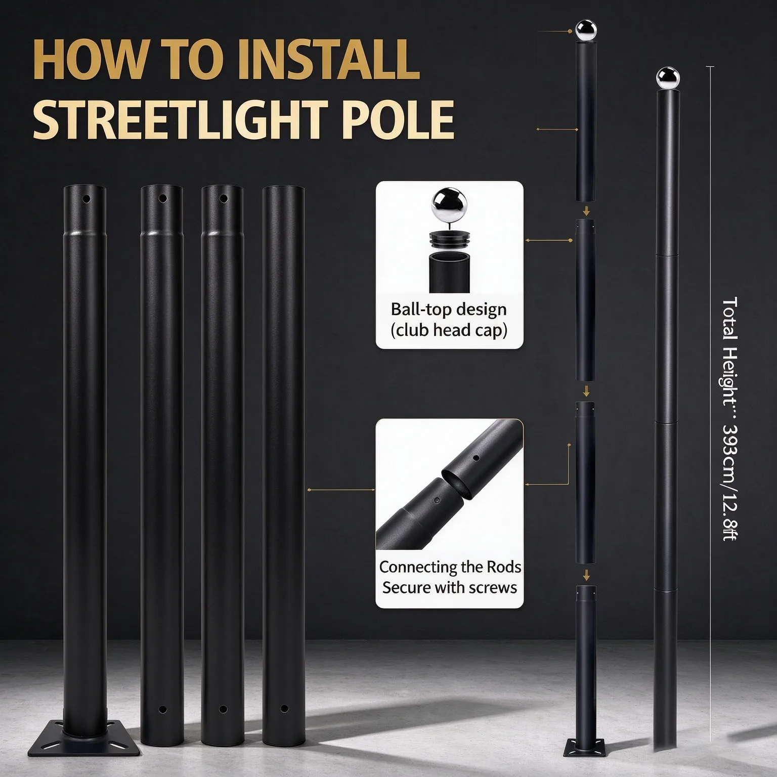 Street Light Pole Tall 10FT Solar Lamp Post Black Galvanized Steel Split Solar Lamp Post Post Outdoor Yard Parking Lot Lighting Pole with Mounting Hardware
