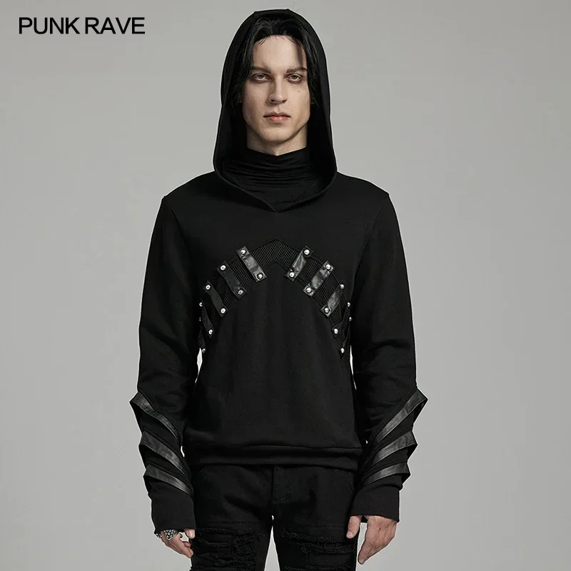 

PUNK RAVE Men's Punk Personalized Integrated Collar Hoodie Club PU Loops Loose Fitting Tops Autumn Men Clothing Sweatshirt