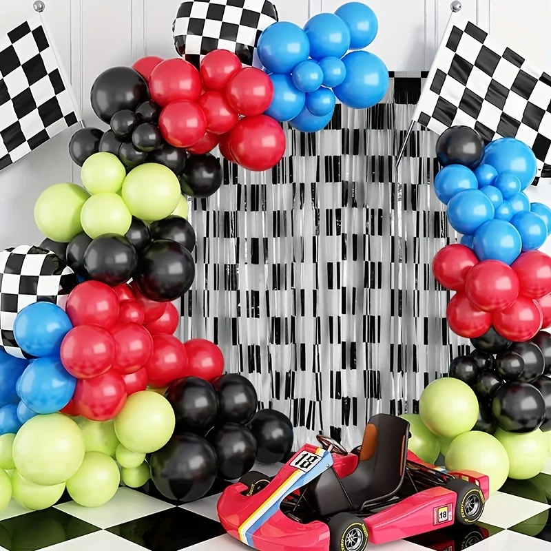 2/4 Racing Car Birthday Backdrop Black White Checkered Fring