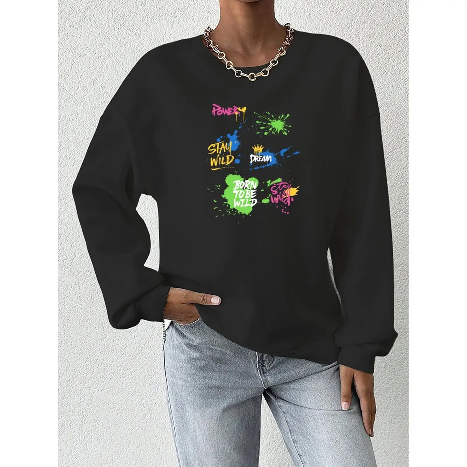 

Women's Sweatshirts O Neck Spray-painted Print Colorful Loose Casual Sports Pullovers Velvet Long Sleeve Sweater For Women