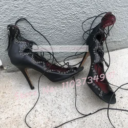 Black Peep Toe Gladiator Sandals Women Sexy Wave-edge Design Stiletto High Heels Shoes Ladies Big Size Cross Tied Chic Sandals
