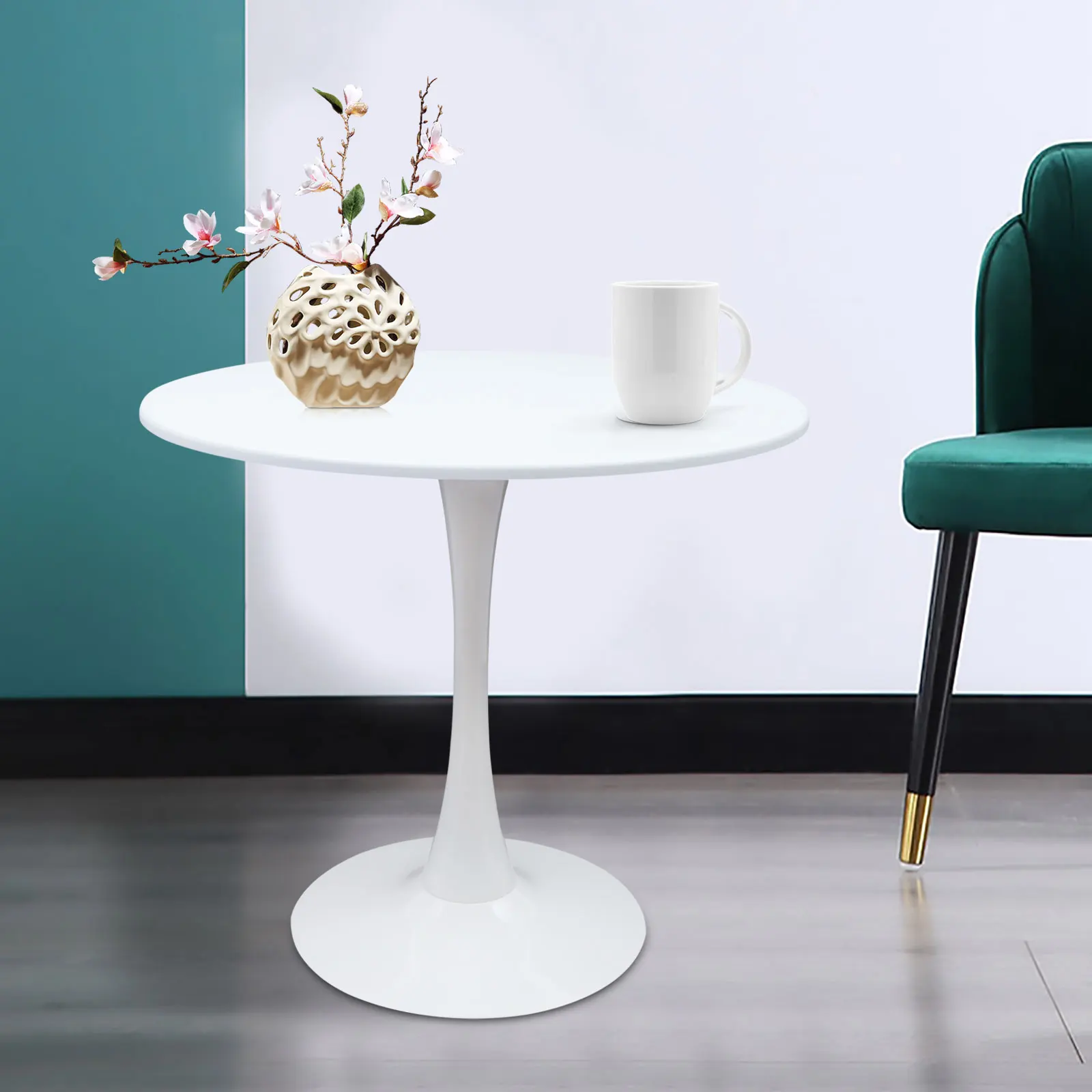 White Round Tulip Pedestal Dining Table Mid Century Modern Coffee Leisure Table 35" Round Top, High-Strength Iron Frame
