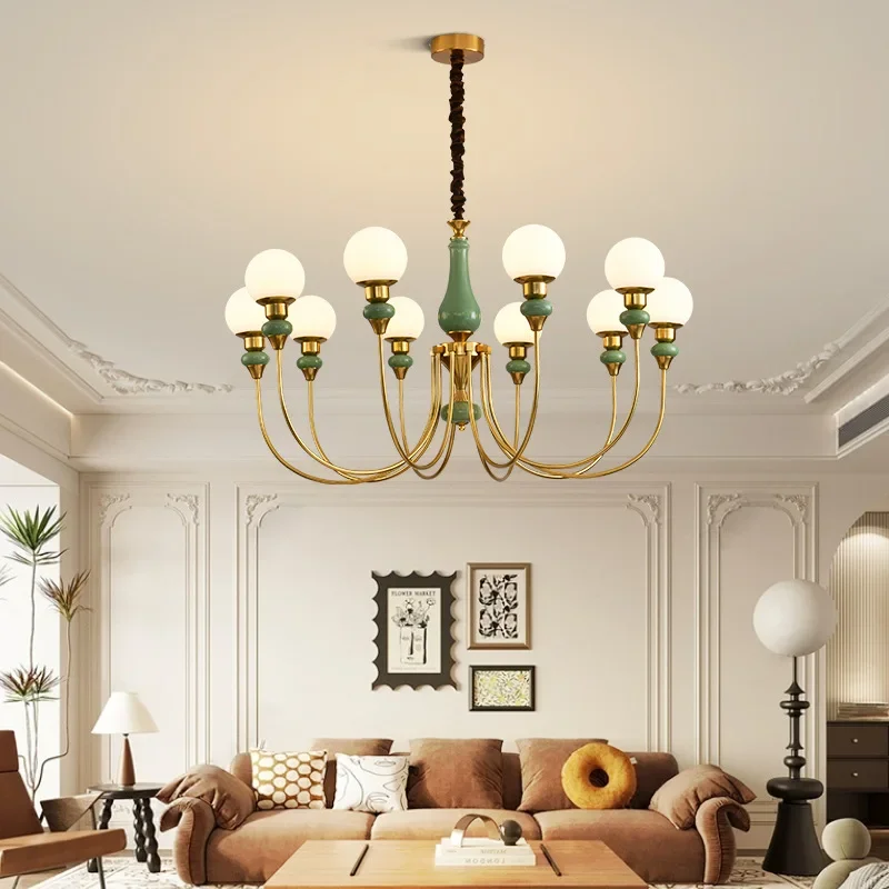 

American Retro Green Ceramics LED Chandeliers White Glass Ball Pendant Light Living Room Bedroom Restaurant Hotel Hanging Lamps