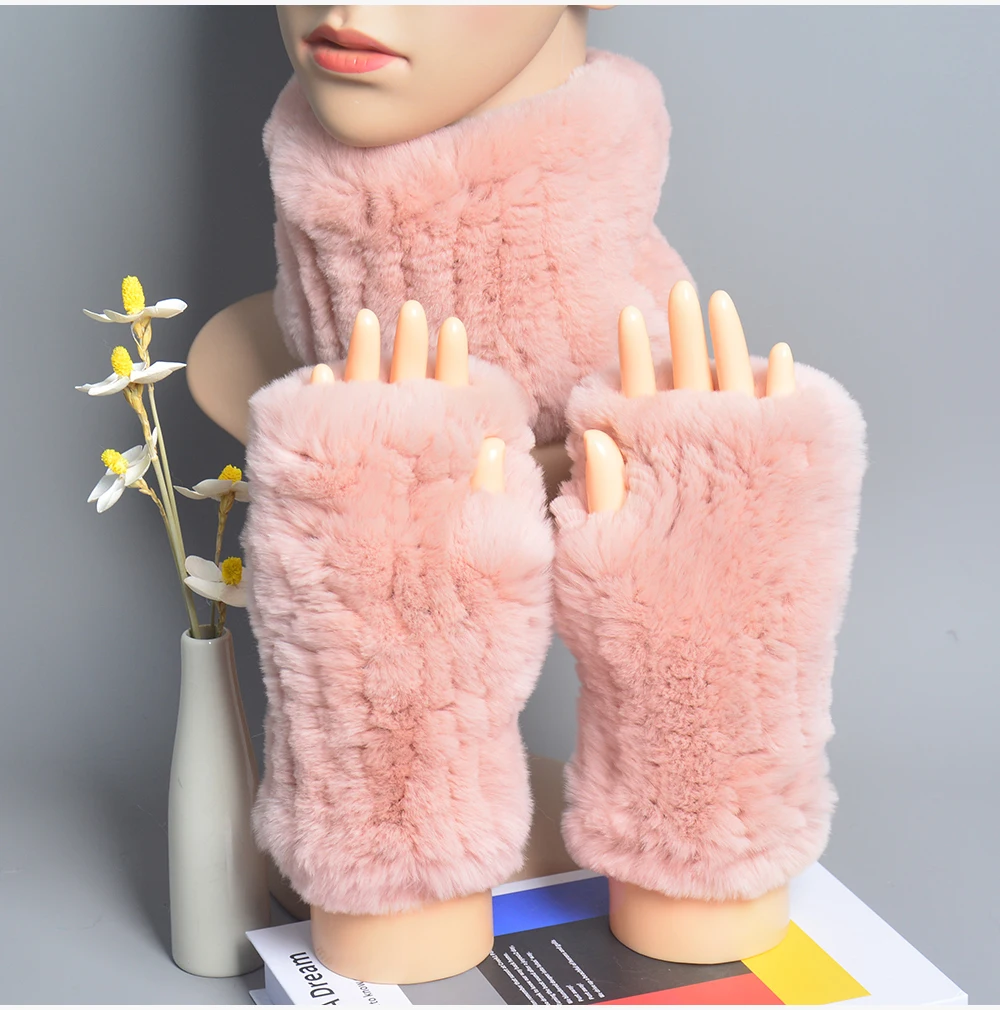 One Set Women Real Rex Rabbit Fur Cuff+Headband Winter Warmer Hat Arm Wrist Sleeve Gloves Female Real Fur Cap+Elastic Wristband