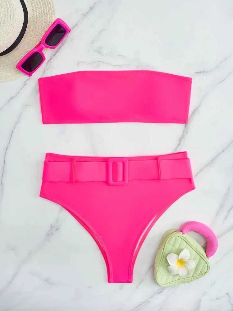 BanRibBikinis-Maillot de bain rose fluo, sexy, taille haute, pour femmes, vêtements de plage, pour baigneurs, 2024