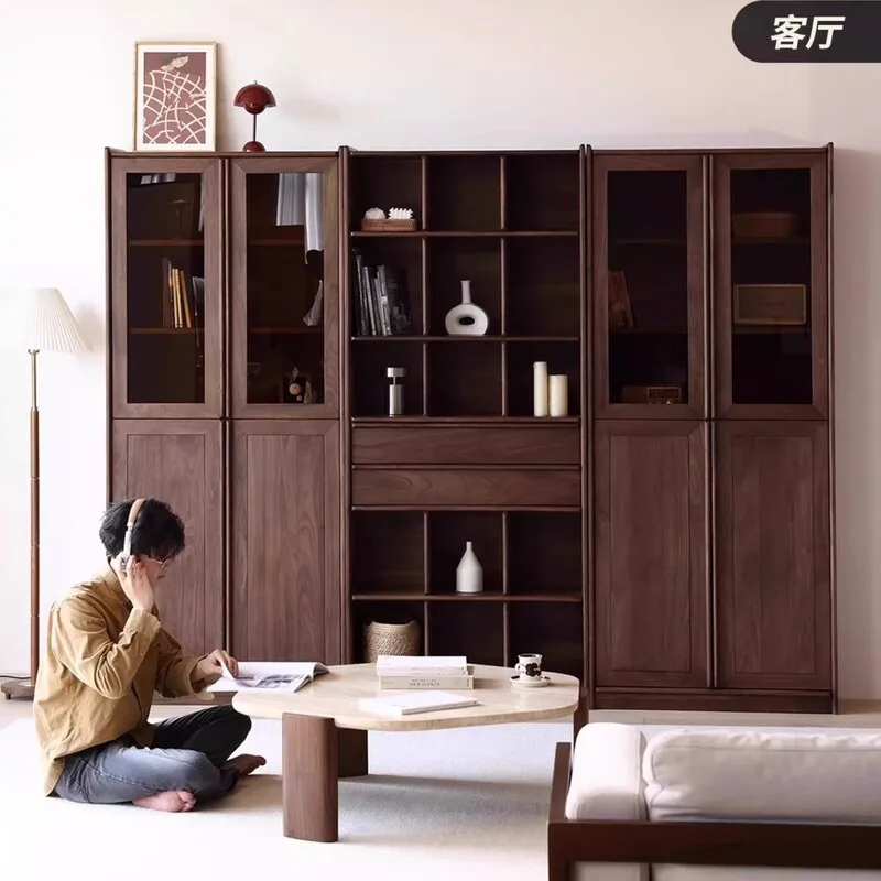 Black walnut wood bookcase with glass door, antique shelf, cherry household floor-standing storage cabinet combination, solid wo