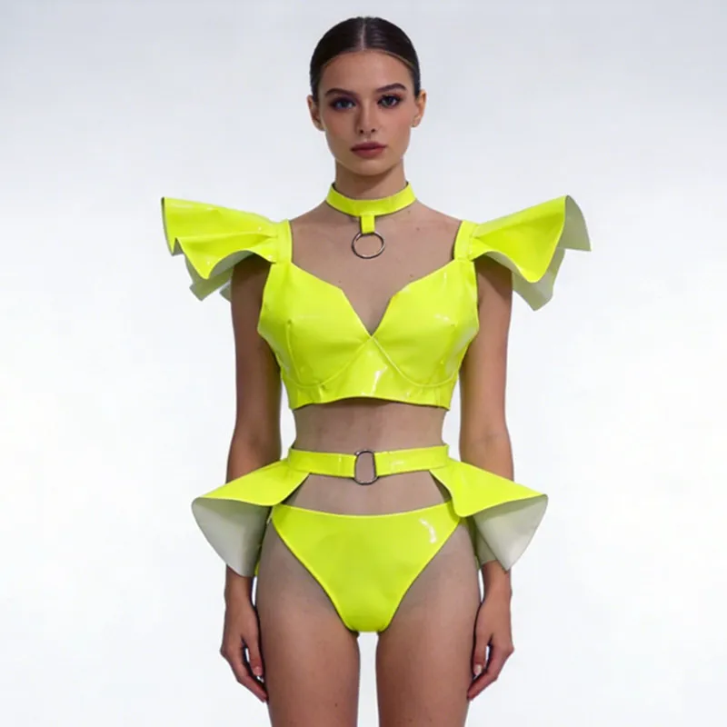 

Флуоресцентная желтая мини-юбка из лакированной кожи, сексуальный костюм для выступлений на сцене, карнавальный наряд, одежда для вечеринок и рейвов