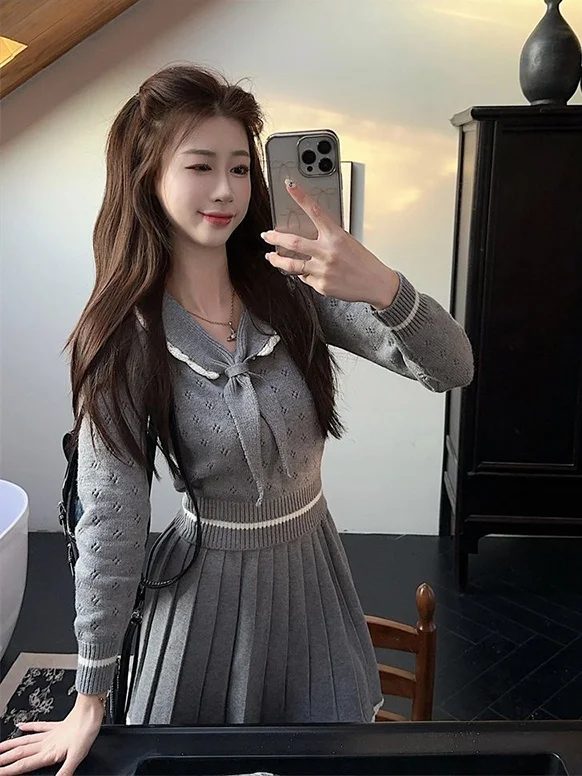 

Gray Knitted Long Sleeve Navy Collar Sweater Women's Fashion Autumn Winter New Design Color Block Top Sweet Style Bohemian Sl...
