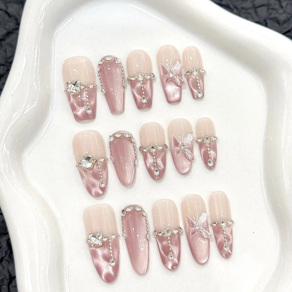 10pcs Uñas Postizas Hechas a Mano Diseño de Mariposa Rosa Reutilizables Brillantes Ojo de Gato Coreanas