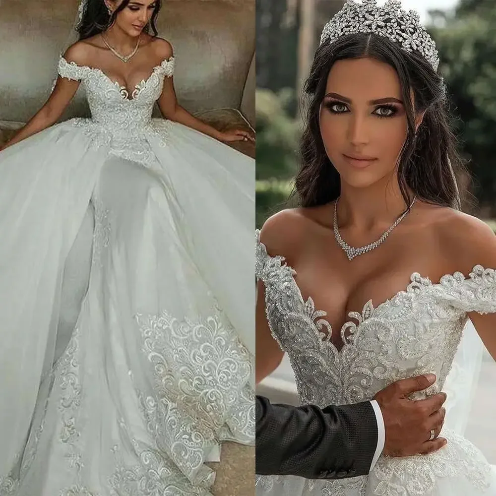 Aangepaste Arabische Plus Size Witte Zeemeermin Trouwjurken Kralen Kristallen Tiers Tule Bruidsjurken Jurk