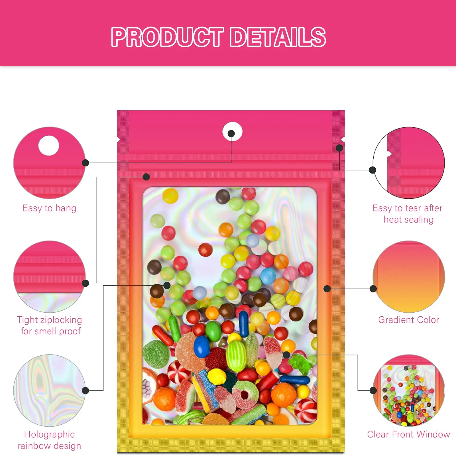 100 pcs Resealable Mylar Ziplock Bags, Holographic Gradient Bags with Clear Window, Packaging Pouch Party Bags Sample Bags