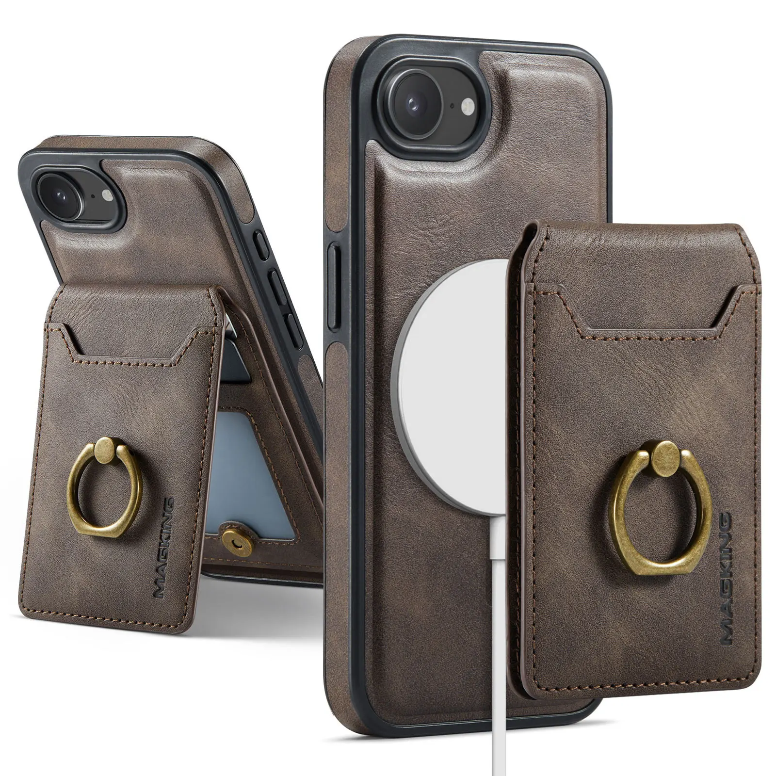 

2 в 1, съемный чехол-кошелек из искусственной кожи для карт Solt Ring Holder для iPhone 16 Pro Max 16E 15 14 Plus 13 12 Магнитная вертикальная сумка