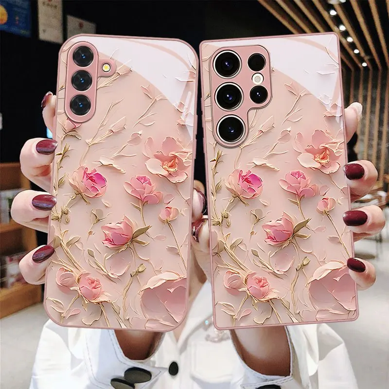 Pink flower patterned glass phone case suitable for Samsung Galaxy S26 S25 S24 S23 S22 S20 FE/Ultra/Plus anti drop back cover