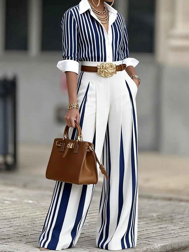 

Women's 2PCS Set Turn-Down Collar Single-Breasted Long Sleeve Top And Wide Leg Pants Striped Patchwork Outfit for Spring Summer