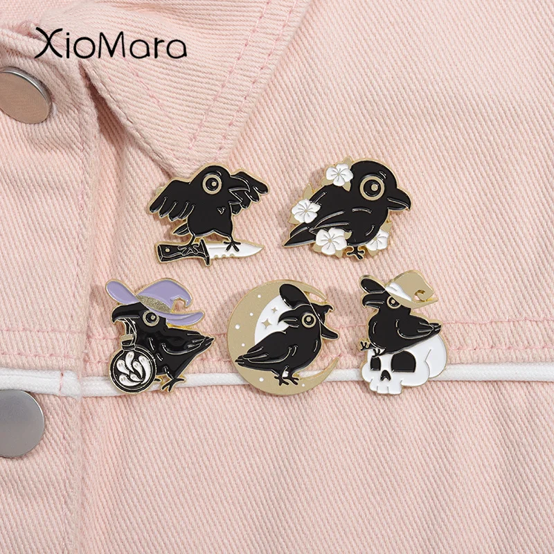 Cartoon Black Crow Bird Skull Enamel Pins Animals Brooches Lapel Backpack Badges Halloween Jewelry Gift for Kids Friends