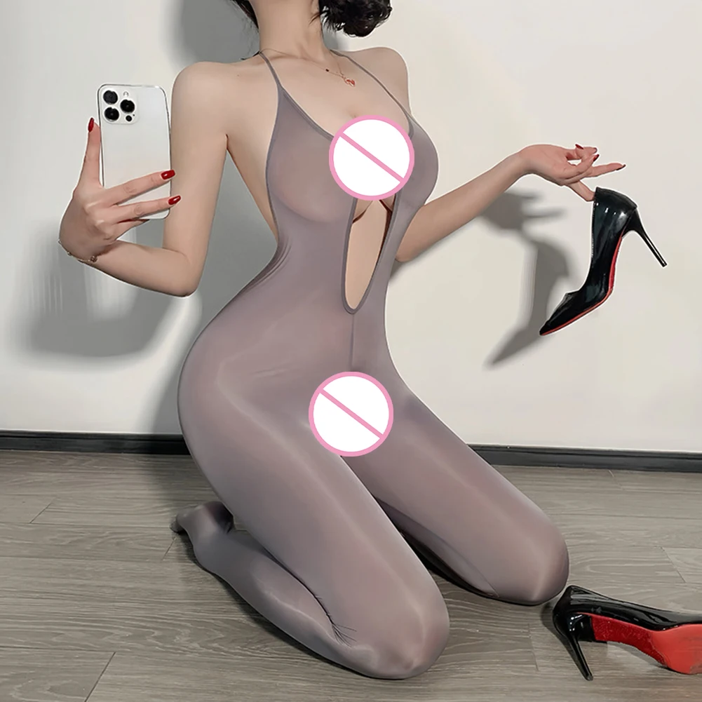 

Bedroom Use Open Crotch Bodysuit See Through Silky Bodysuit Women Sleepwear See Through Bodysuit Slight Stretch Fabric