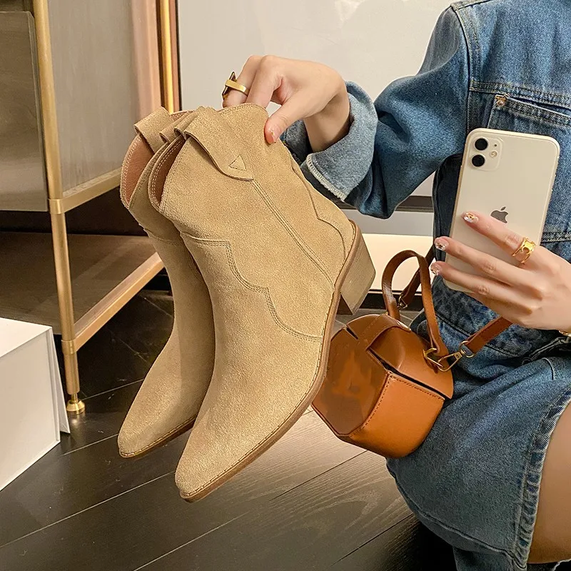 【EUNICE YUN】2025 Classic Western for Woman Cow Suede Pointed toe Wedges Heel Ankle Boots Simple Comfortable Cowboy Female 33-43