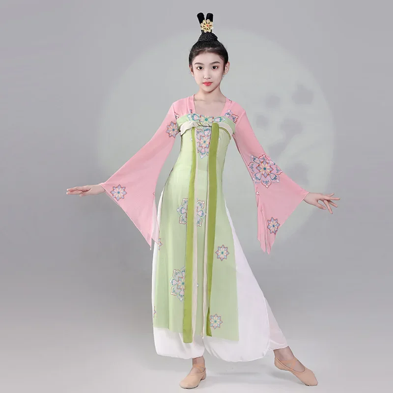 

Классическая танцевальная одежда для девочек, костюмы Хан и Тан, элегантная одежда для народных танцев, одежда для танцевальных выступлений с веером