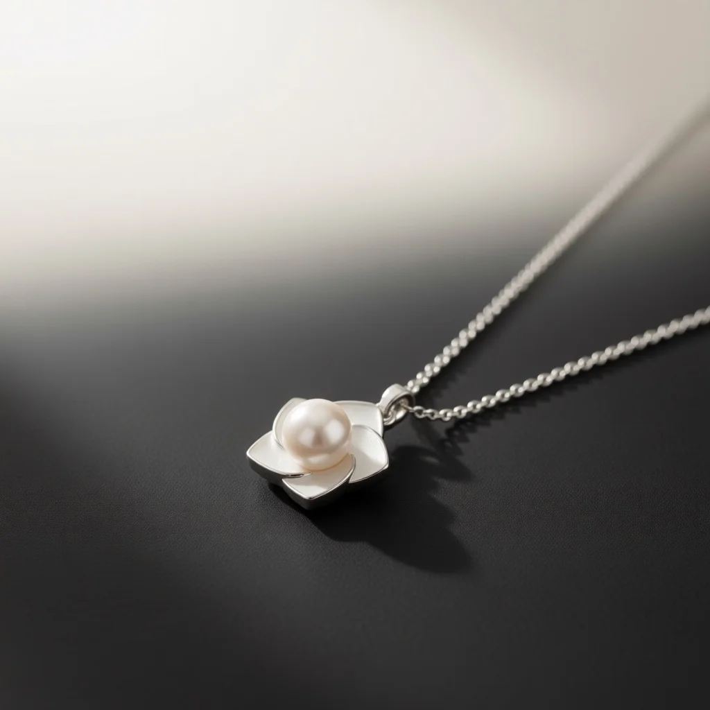 Camellia Pendant Necklace Enamel Petal Frame Central Round Pearl Inlay Dainty Cable Chain Women Fashion Jewelry Accessory