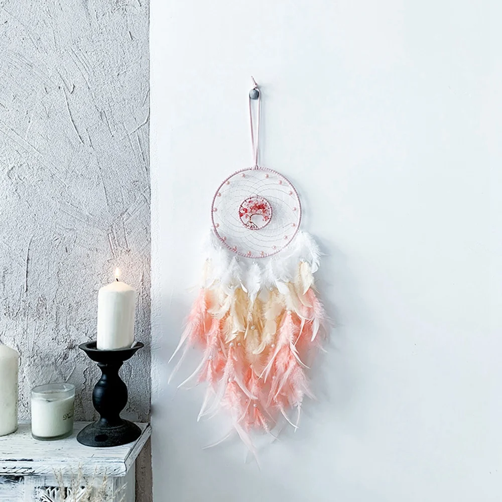 Dream Catcher Hanging Ornament Decor Handmade LED Lights Pink Feather Healing Crystals Dreamcatchers for Home Wall Decor HOT