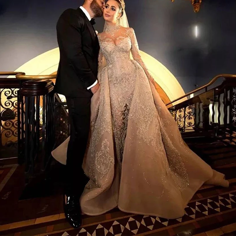 

Sexy Mermaid Wedding Dress Long Lace Sleeves Sweetheart Bridal Gown Applique Beading With Detachable Train Robe De Mariée