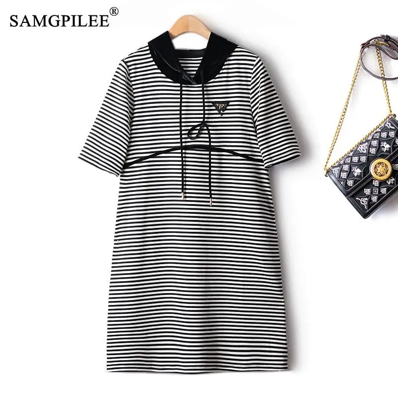 

Classic Striped Casual Dresses For Women 2022 Hooded Straight Stitching Half Sleeve Loose Waist Elegant Y2k Clothes Female Dress