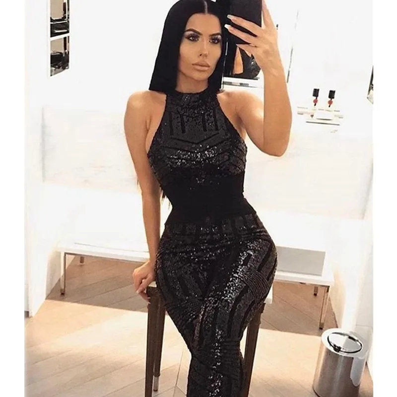 Summer Women\'s Sparkling Halter Party Jumpsuit 2023 New Women Sexy Gold Sequin Jumpsuit Body Ladies Overalls Club Mesh Jumpsuit