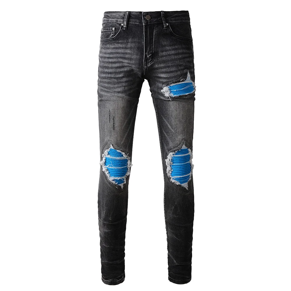 

Men Lake Blue Velvet Patch Denim Jeans Streetwear High Stretch Skinny Tapered Pants Holes Ripped Patchwork Biker Trousers