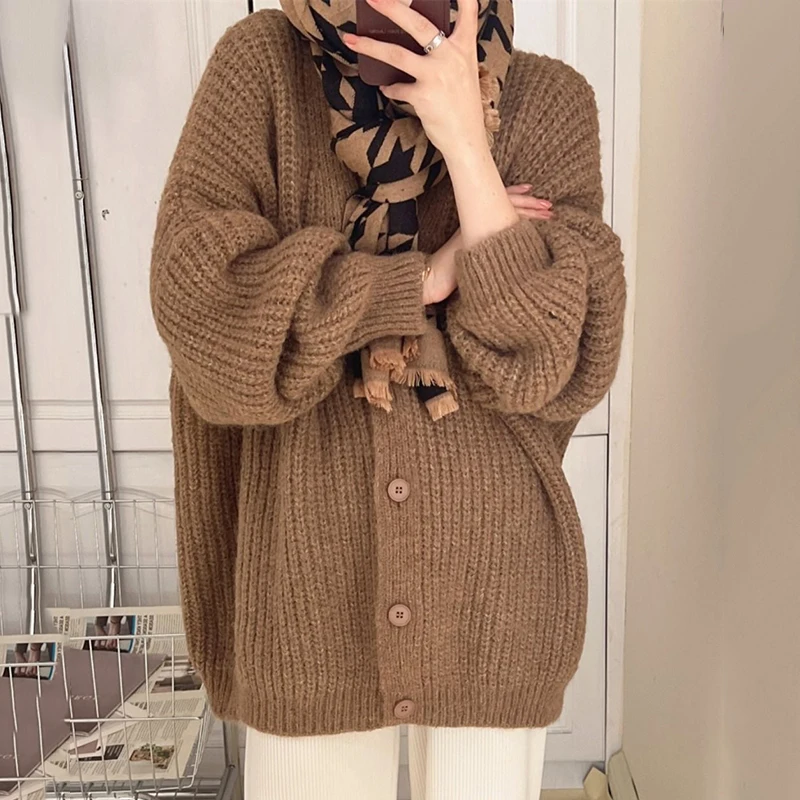 Rimocy V Neck damski sweter oversize koreański modny sweter z długim rękawem kurtka damska jednorzędowe eleganckie swetry rozpinane