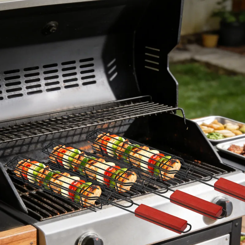 1pcs Portable Nonstick Wooden Handle BBQ Grilling Basket For Outdoor Camping And Picnics Meat and Vegetable Barbecue Grill Tools