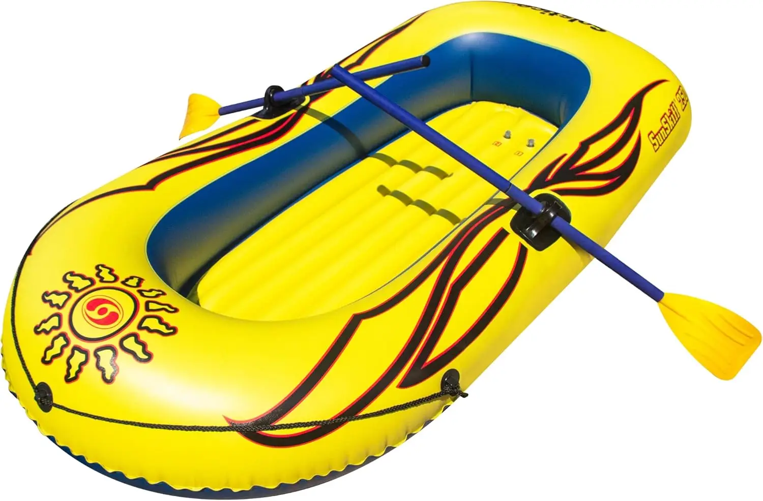 Inflatable Boat Raft 2 Person for Adults & Kids - Air Floor Dinghy with Oars, Paddles, Pump, Pole, Oar Holders, Cushioned Comfortable Base, Grab Line, 6 Ft Size, Yellow