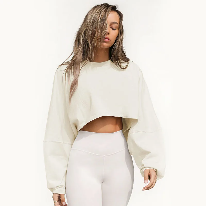 Autumn Women's Clothing Pink Crop Long Sleeve Top for Women Round Neck Sports Pullover Sweatshirt Knit Long Sleeved Crop T-shirt