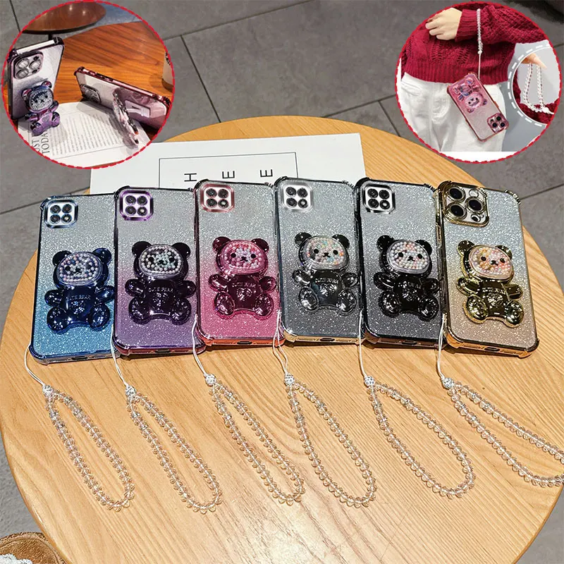Stoßfeste Handyhülle mit 4 Ecken, niedlichem 3D-Bär-Ständer, Kristallketten-Lanyard und Glitzer für Samsung Galaxy A22 F42 5G Rückseite
