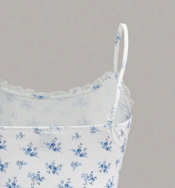 الأوروبية والأمريكية الربيع والصيف زهرة طباعة الدانتيل العنق عارضة السراويل مجموعة