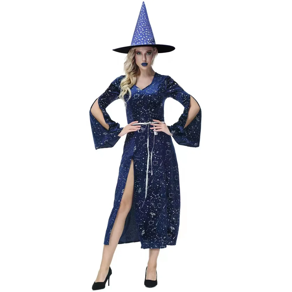 Lua azul estrelas imprimir gótico mulher halloween augur trajes feminino bruxa feiticeira cosplay carnaval purim role play vestido de festa