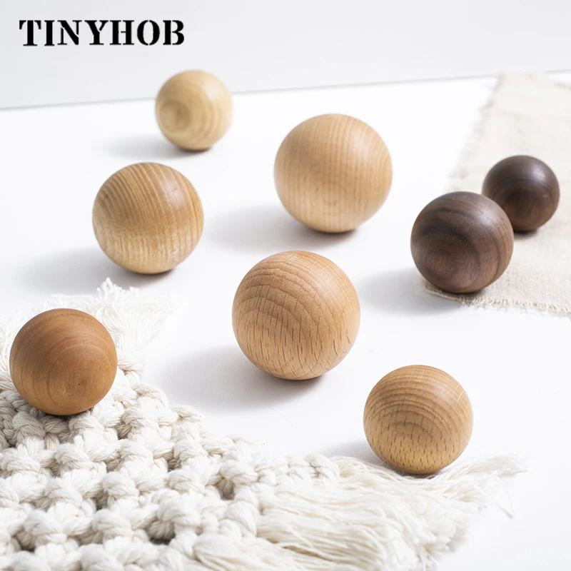 Ball Knob Drawer Pulls Natural Walnut / Ash / Beech Decor Ball Kitchen Cabinet Handles Simple Wooden Furniture Hardware