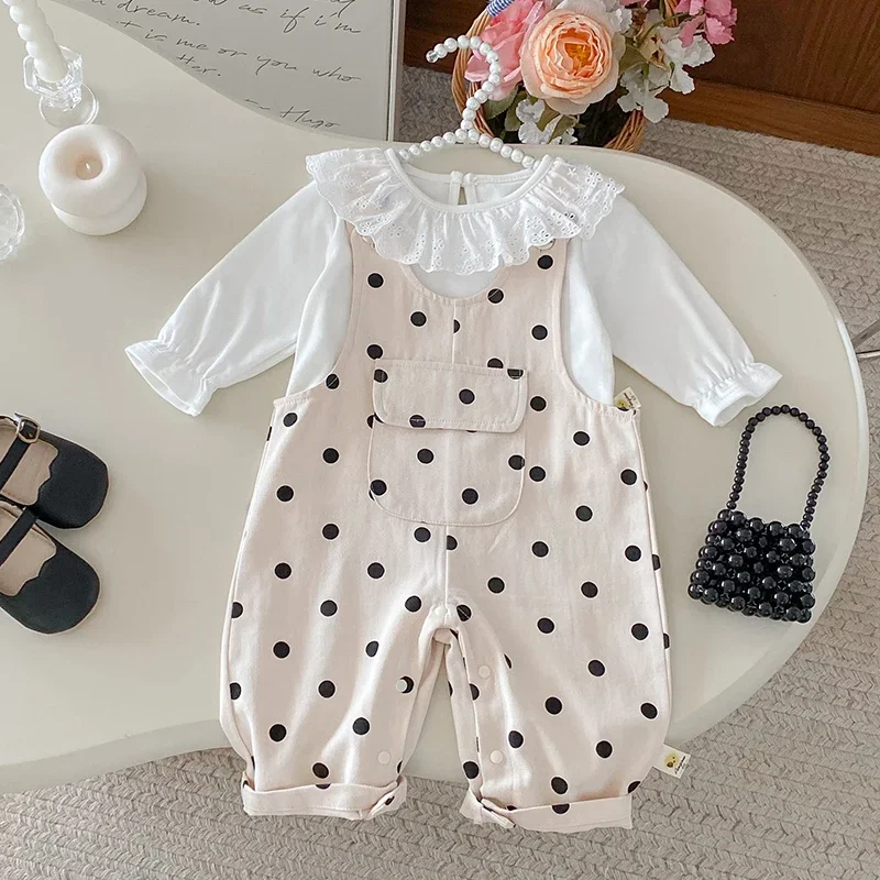 

Новинка 2023 года, осенний комплект одежды для маленьких девочек 0-4 лет, хлопковая футболка с длинными рукавами, комбинезоны с принтом в горошек, детский костюм