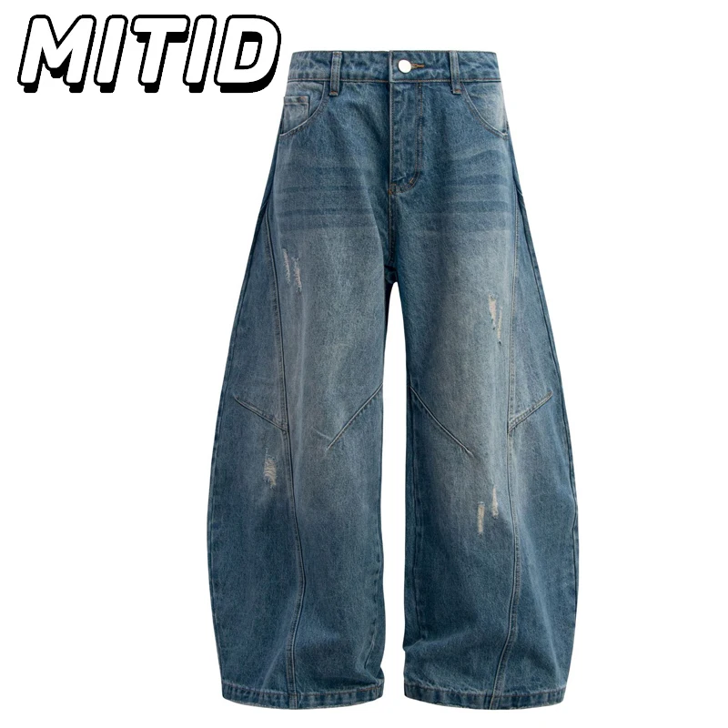 

Новые мужские джинсы, американские винтажные уличные потертые мешковатые джинсы Y2k, повседневные брюки полной длины для пар, синие джинсовые брюки