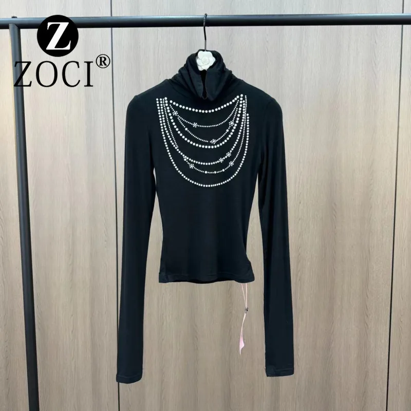 [ZOCI] French Pure Desire Girl Slim Fit Pearl Chain High Neck Base Shirt, Autumn New Style Knitted Shirt