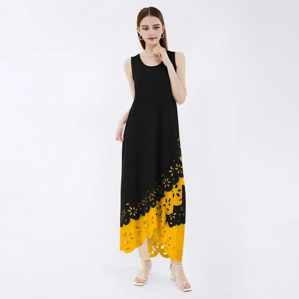 2025 Hollow Flower Irregular Hem Sleeveless Tank Dresses O Neck Dress Summer Fake Two Piece Swing Maxi Dress Casual Long Dress