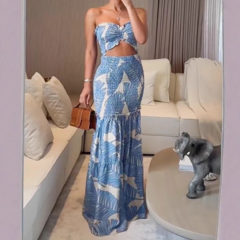 المرأة مثير النباتات الاستوائية طباعة الرباط مطوي فستان طويل الصيف عطلة عطلة وتتسابق فتاة قطع الكشكشة فساتين الشاطئ #3