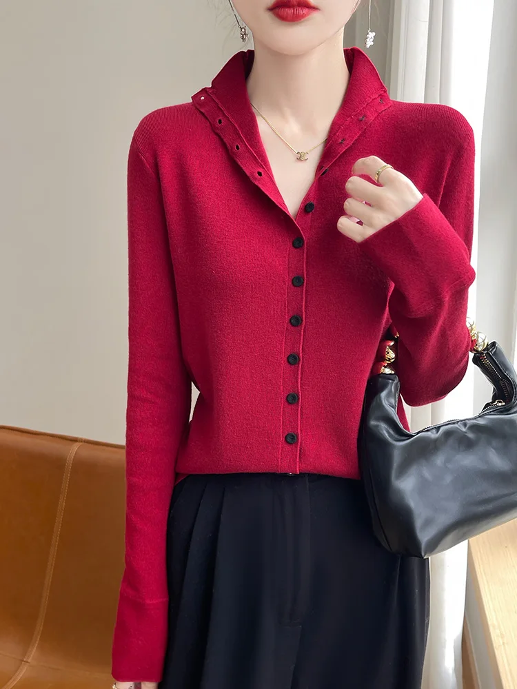 Women\'s Wool Knitted Cardigan, Long Sleeves, Knitwear, Korean Style, Autumn/Winter 2024, Top, Buttoned