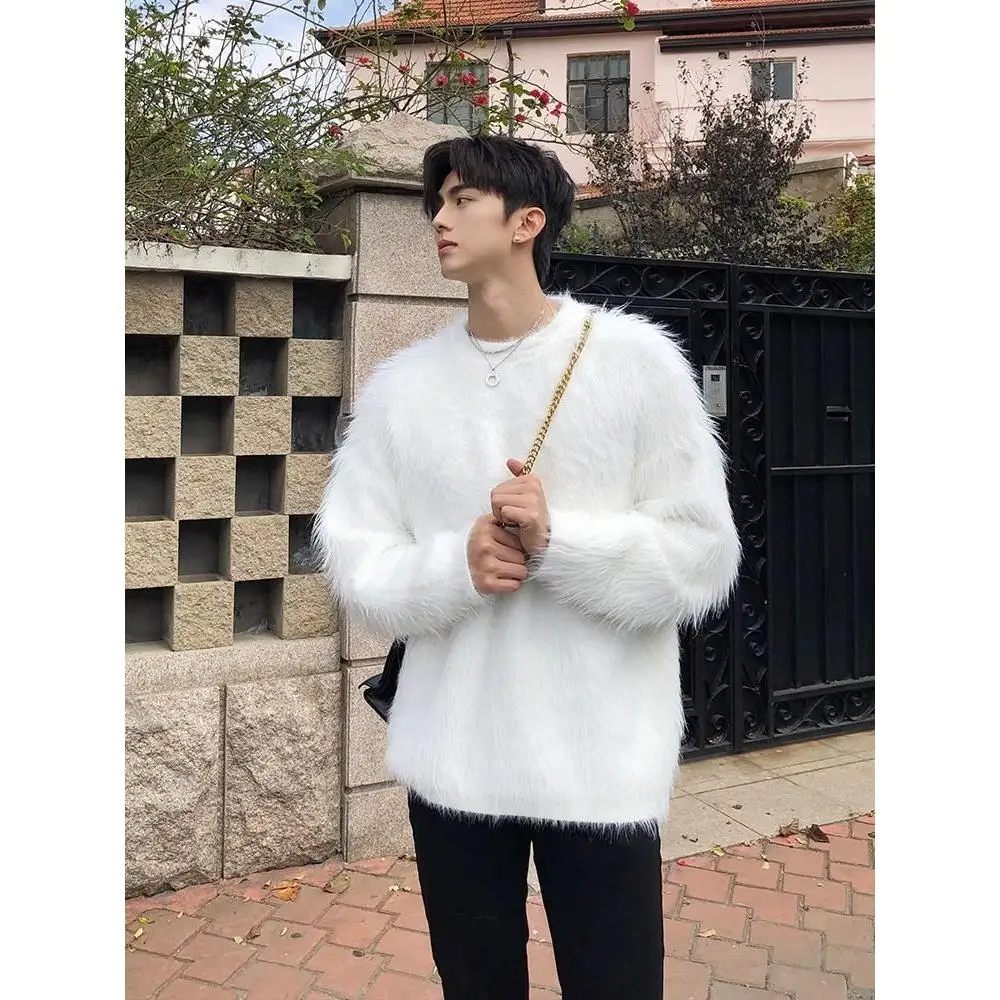 

Soft White Mink Velvet Men's Sweater Loose Knitted Winter Outerwear Casual Long Sve round Ne Sweatirt Youth Faion